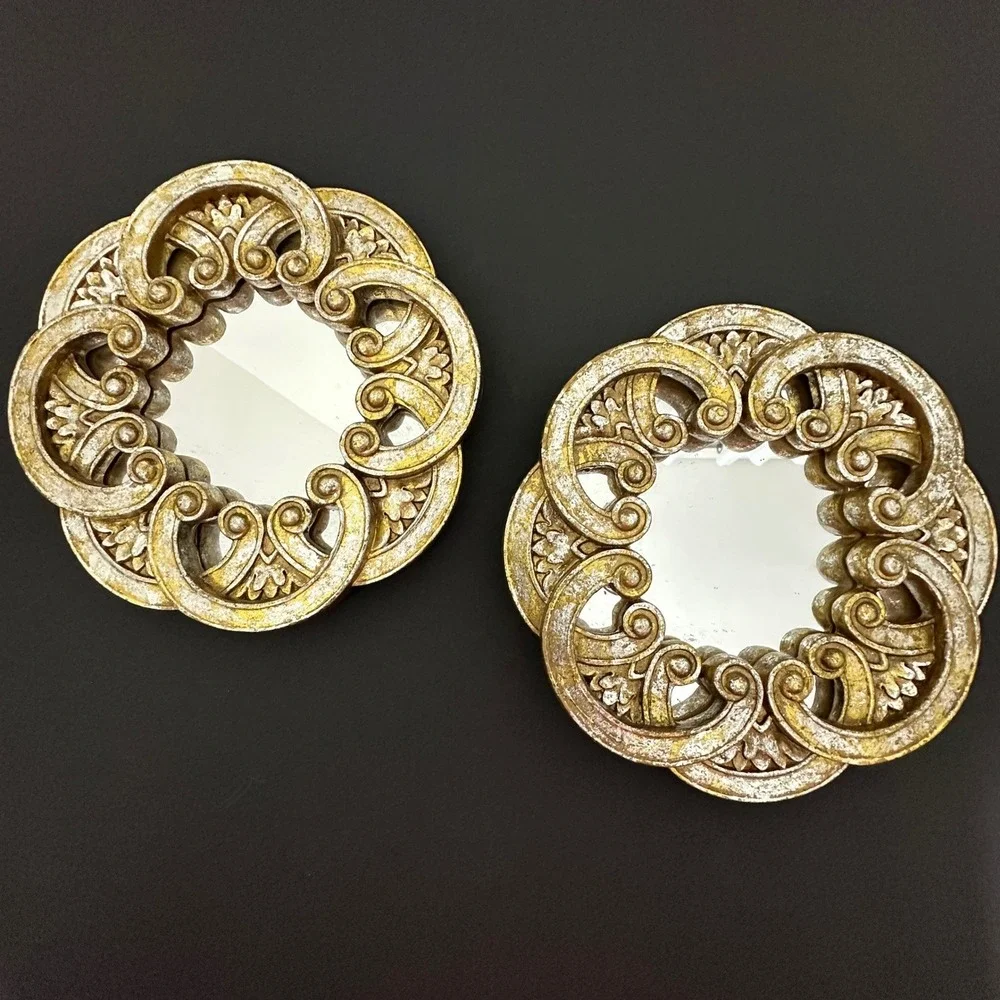 Set of 2 Ornate Round Wall Mirrors Antiqued Gold Silver Leaf Baroque Scroll 8